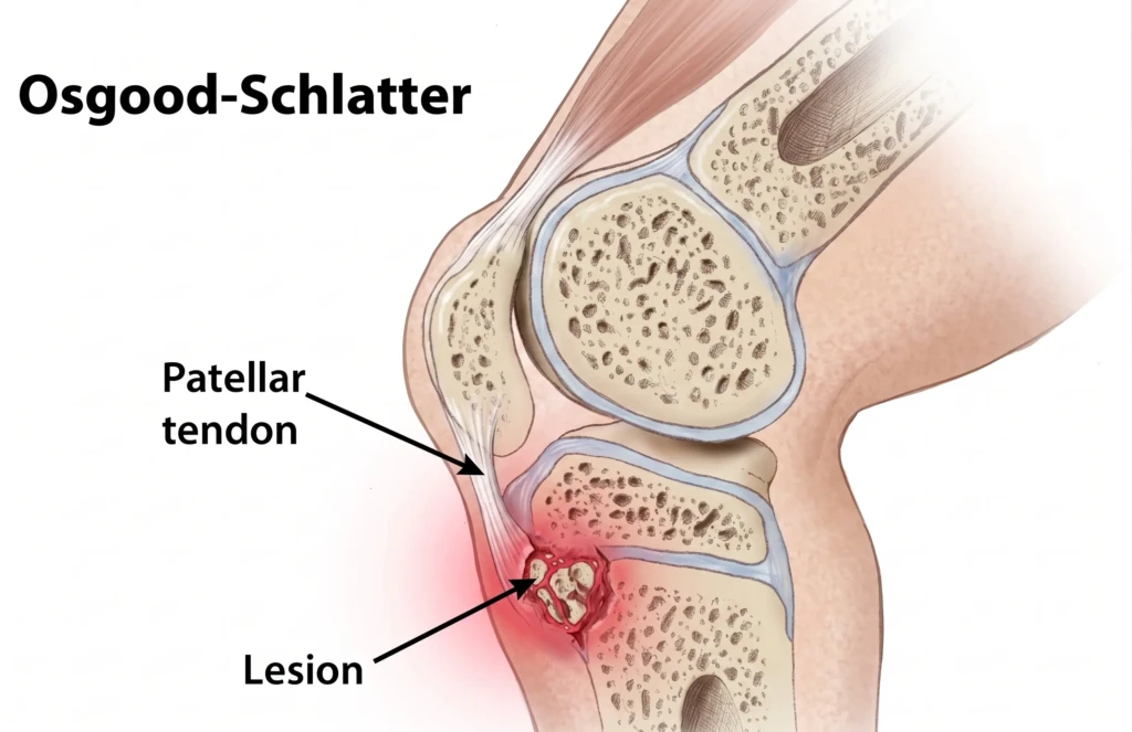 Diagram showing Osgood-Schlatter disease in a knee. The patellar tendon and lesion area are labeled, highlighting inflammation with red color.